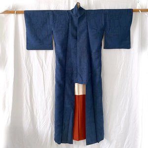 Vintage Japanese Blue Mid-Century Tweed Kimono - Orange & Abstract Leaf Pattern